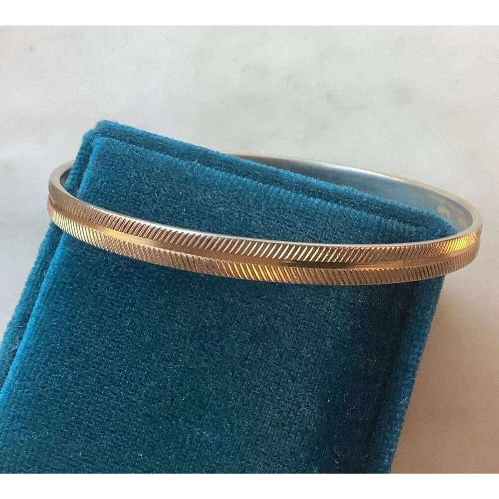 Monet Bangles Gold Tone Bracelets Stackable Set of 2 Herringbone White Enamel